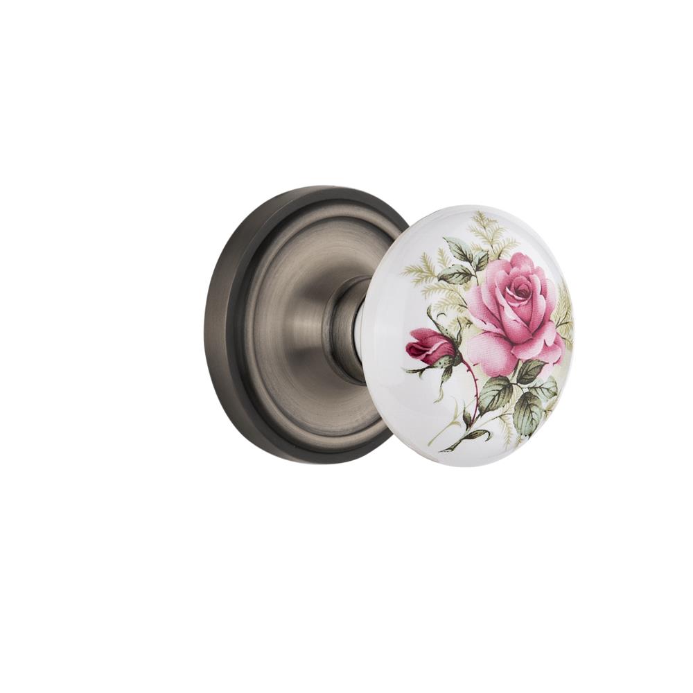 Nostalgic Warehouse CLAROS Privacy Knob Classic Rose with Rose Porcelain Knob in Antique Pewter